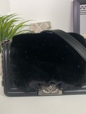 CHANEL Small Black Leboy Fur Crossbody Bag with Silver-Tone CC